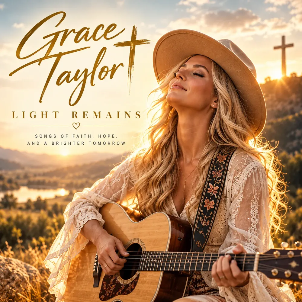 Country gospel album cover with gold script lettering and a sunset hillside