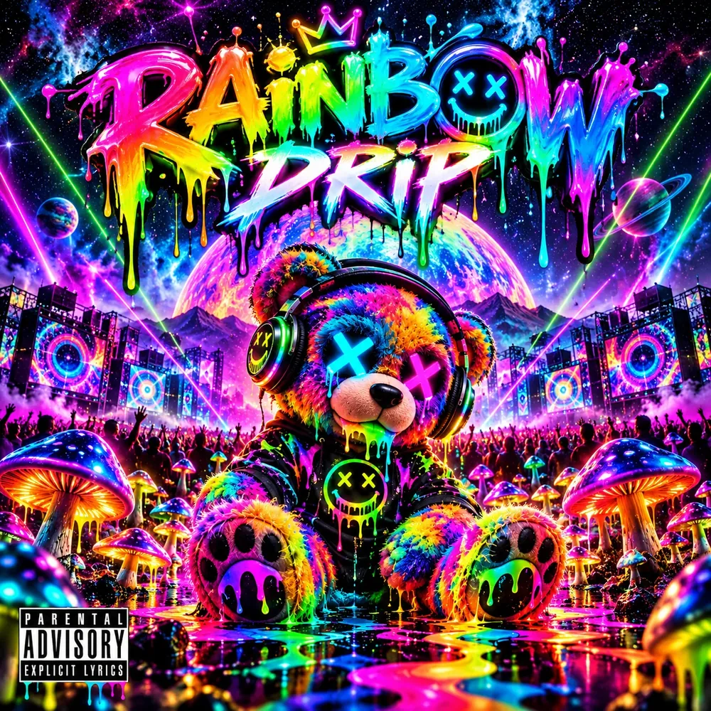 Neon EDM album cover with dripping rainbow lettering and a festival stage