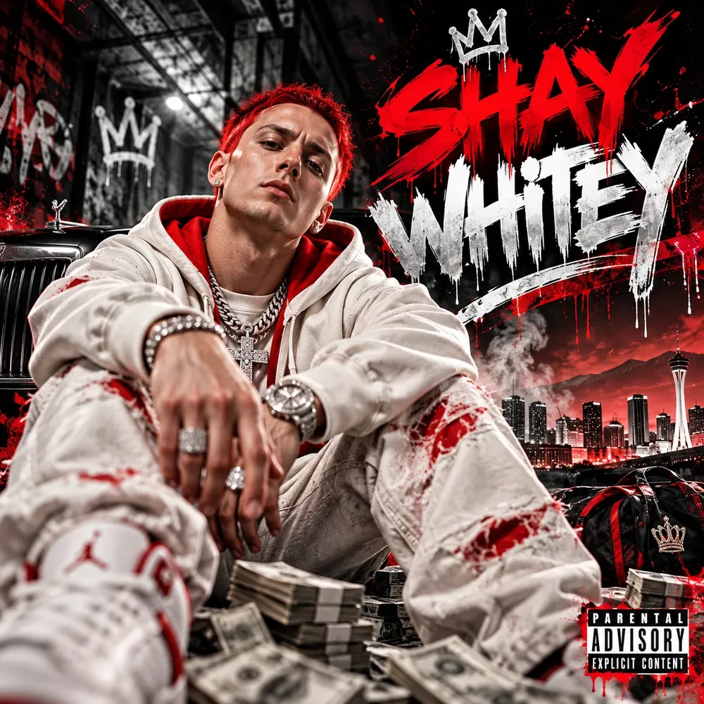Hip-hop album cover with bold red and white graffiti lettering over a city skyline