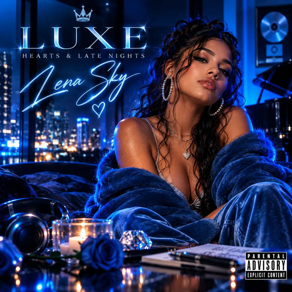R&B album cover in deep blue tones with glowing script lettering and a night skyline