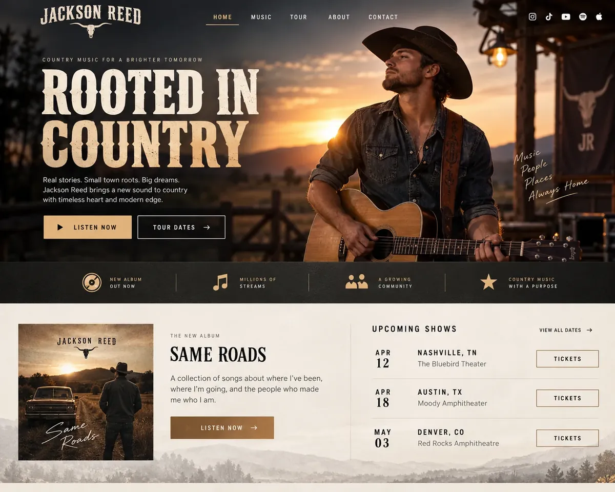 Country artist website design with a sunset hero photo, album feature and tour dates