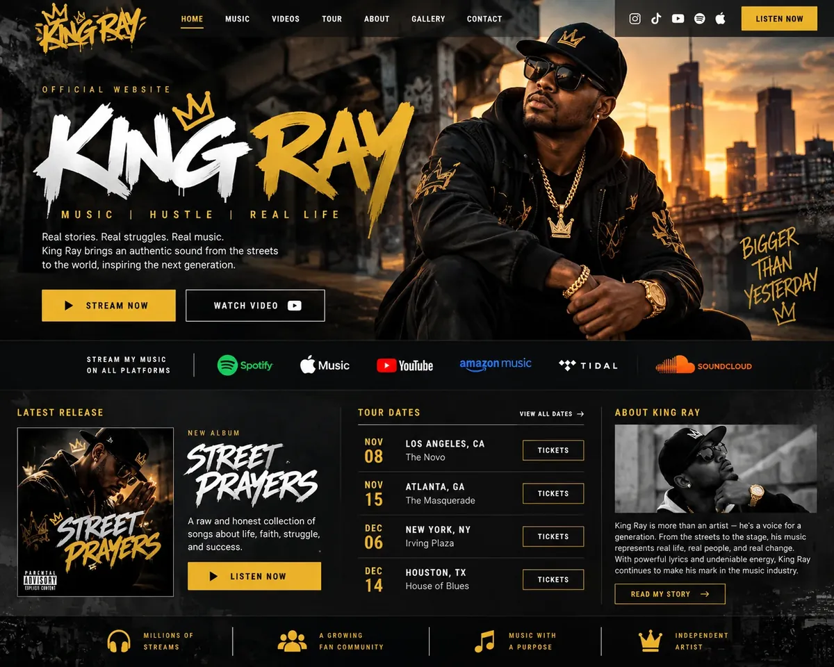 Hip-hop artist website design in black and gold with streaming links, tour dates and bio