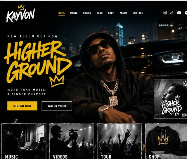 Rap artist website design with yellow brush lettering, new album feature and shop section