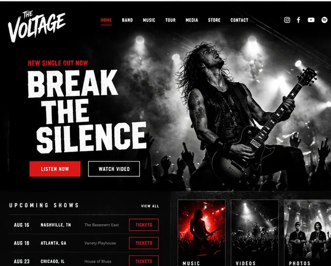 Rock band website design in black and red with a live concert hero and upcoming shows