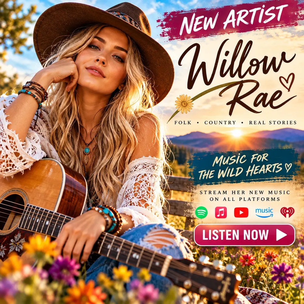 Country new artist social media post with a sunset field, script name lettering and streaming icons