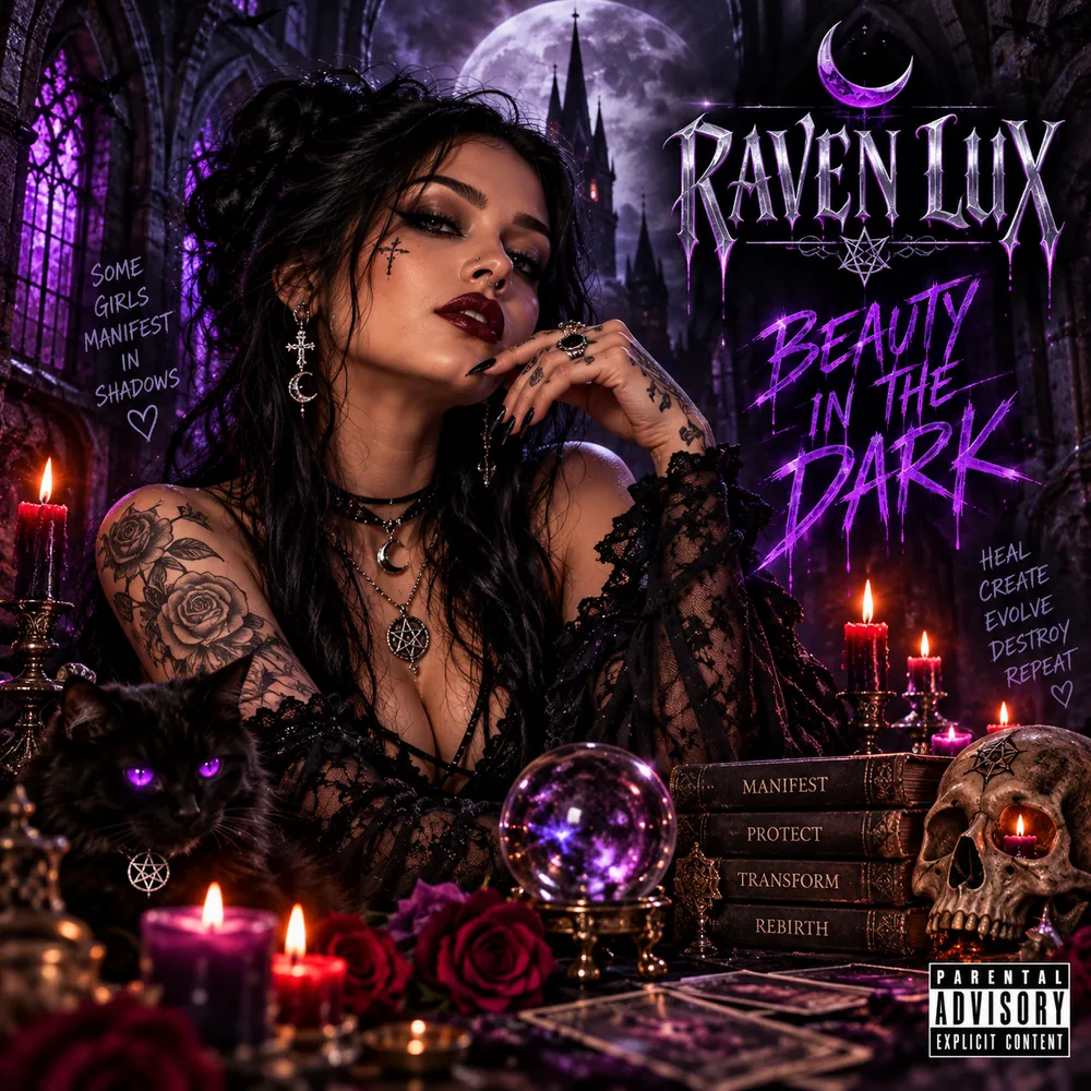 Gothic dark pop social media post in purple and black with silver lettering, candles and a full moon