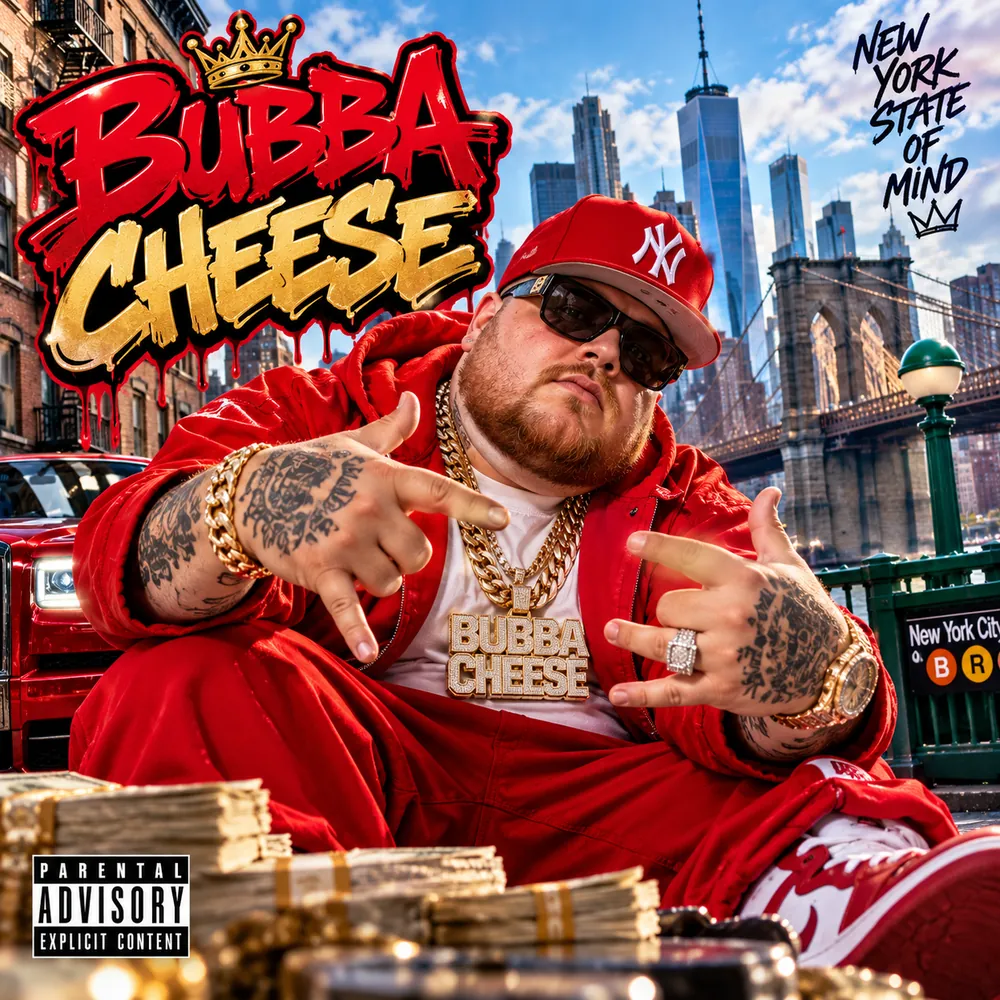 New York hip-hop social media post with red and gold graffiti lettering and the Brooklyn Bridge skyline