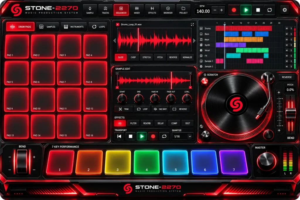 STONE-2270 Digital Music Production System with 16 drum pads, scratch turntable, BEND lever and 7 colorful performance keys